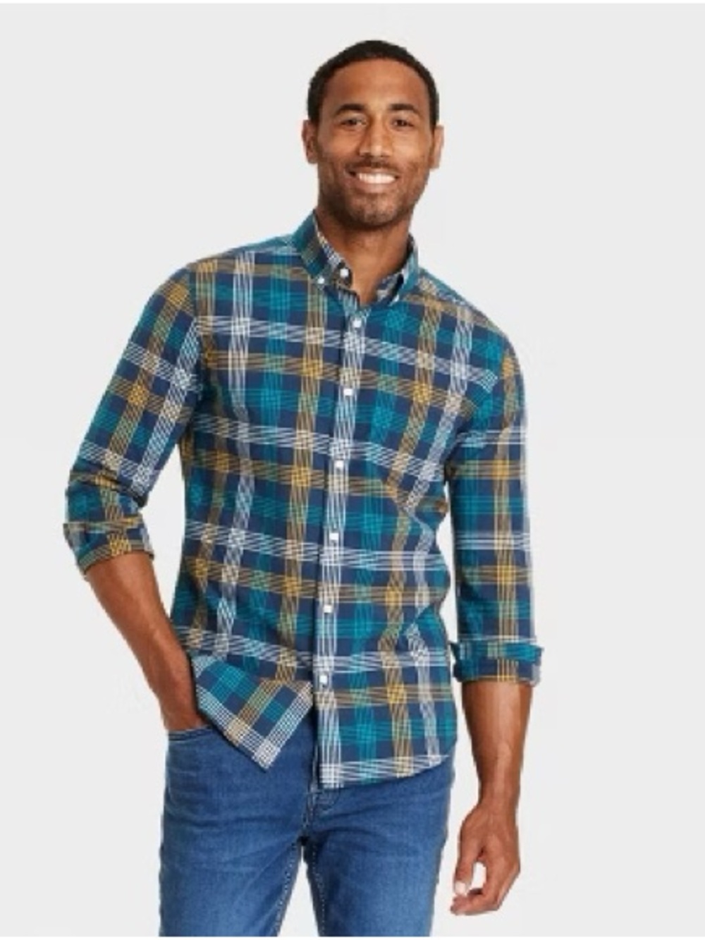 Goodfellow & Co Teal, Blue & Yellow Plaid Button-Down Shirt